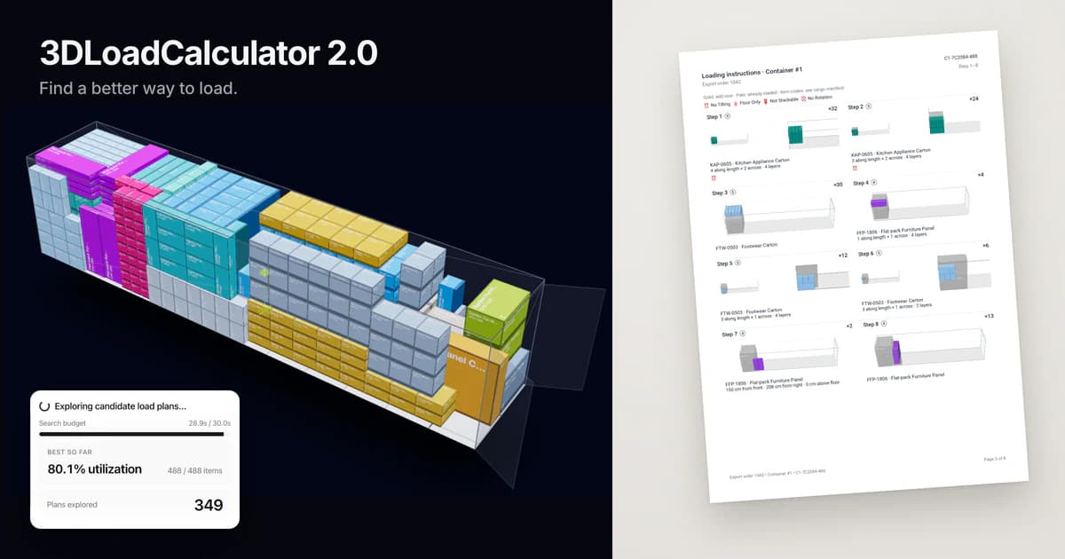 3DLoadCalculator 2.0: PackSearch, edit manual, dan petunjuk pemuatan untuk tim gudang